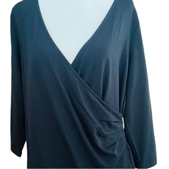 Chico’s black Surplice faux wrap top with side ruching, 3/4 sleeves sz 2 (12/L) - Picture 2 of 6